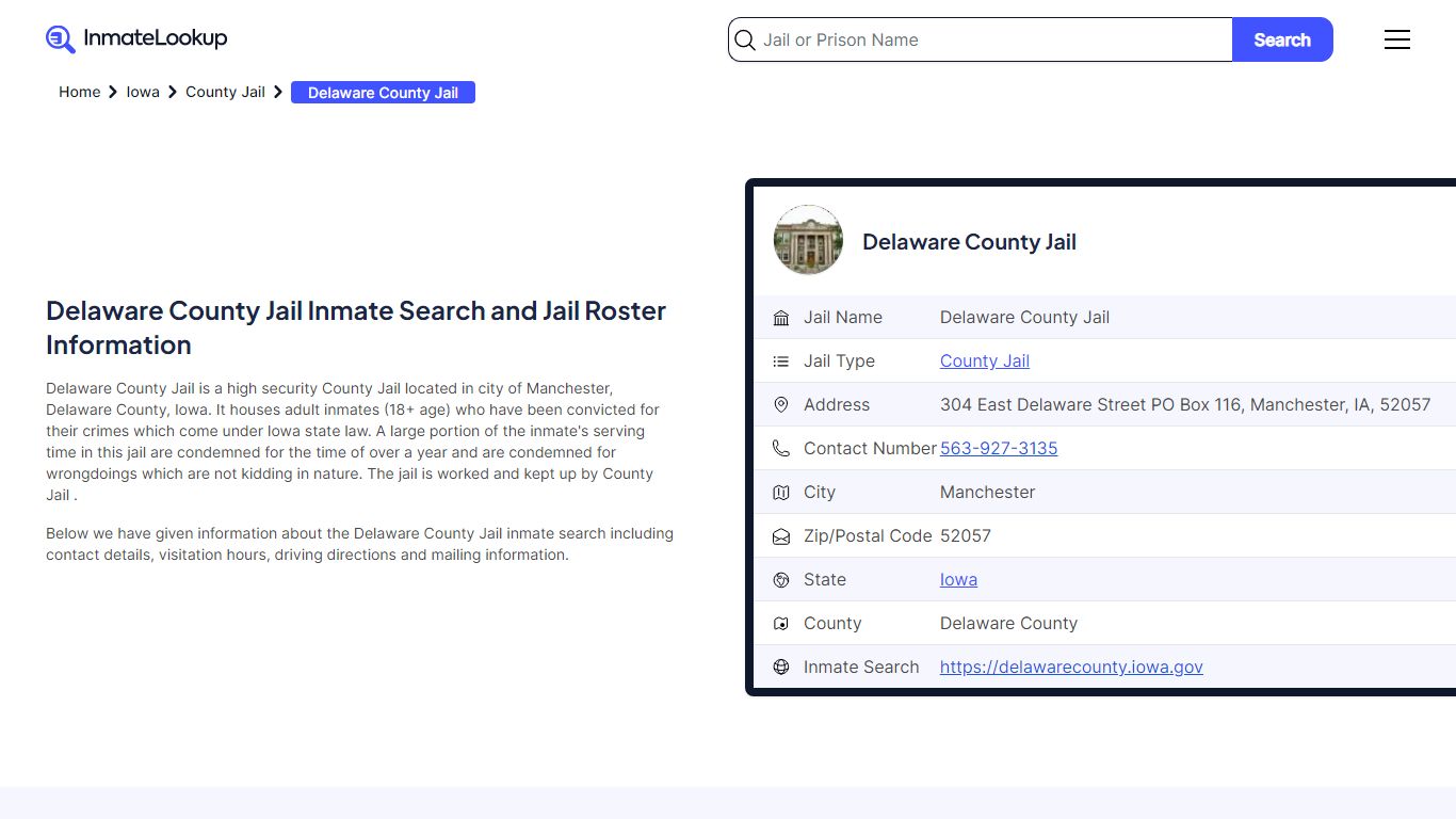 Delaware County Jail Inmate Search - Manchester Iowa - Inmate Lookup